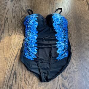 Lands End Womens Black Blue Floral Underwire One Piece Swim Suit Plus Size 16